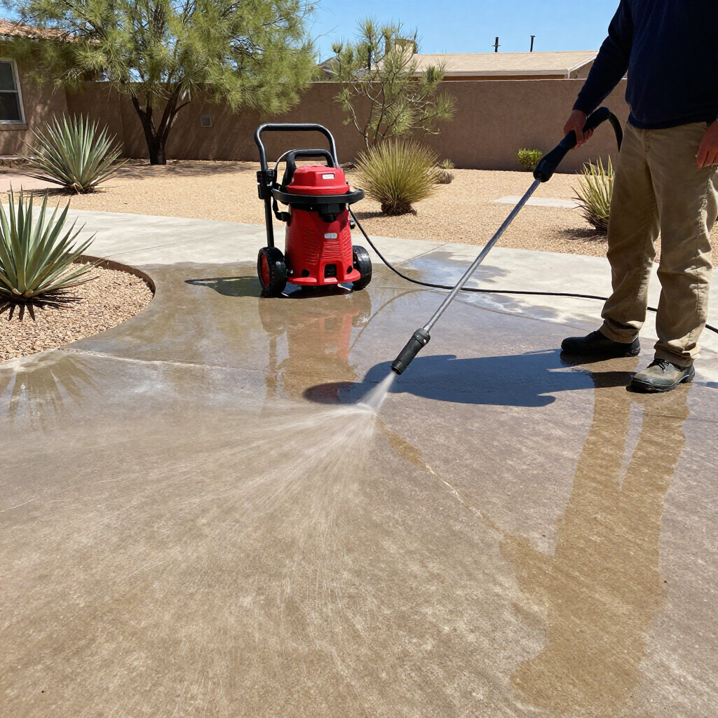 Person pressure-washing a concrete driveway in a desert yard with a red machine.