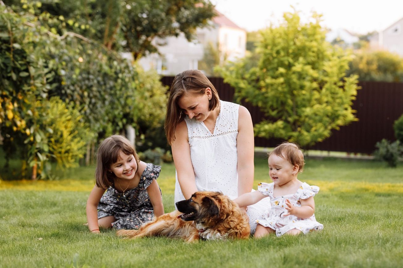 Three children pet a small dog on the grass in a sunny garden
