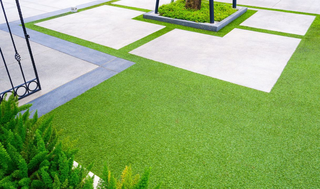 Modern landscaped walkway with green grass and white concrete stepping paths around a small tree Modern landscaped walkway with green grass and white concrete stepping paths around a small tree