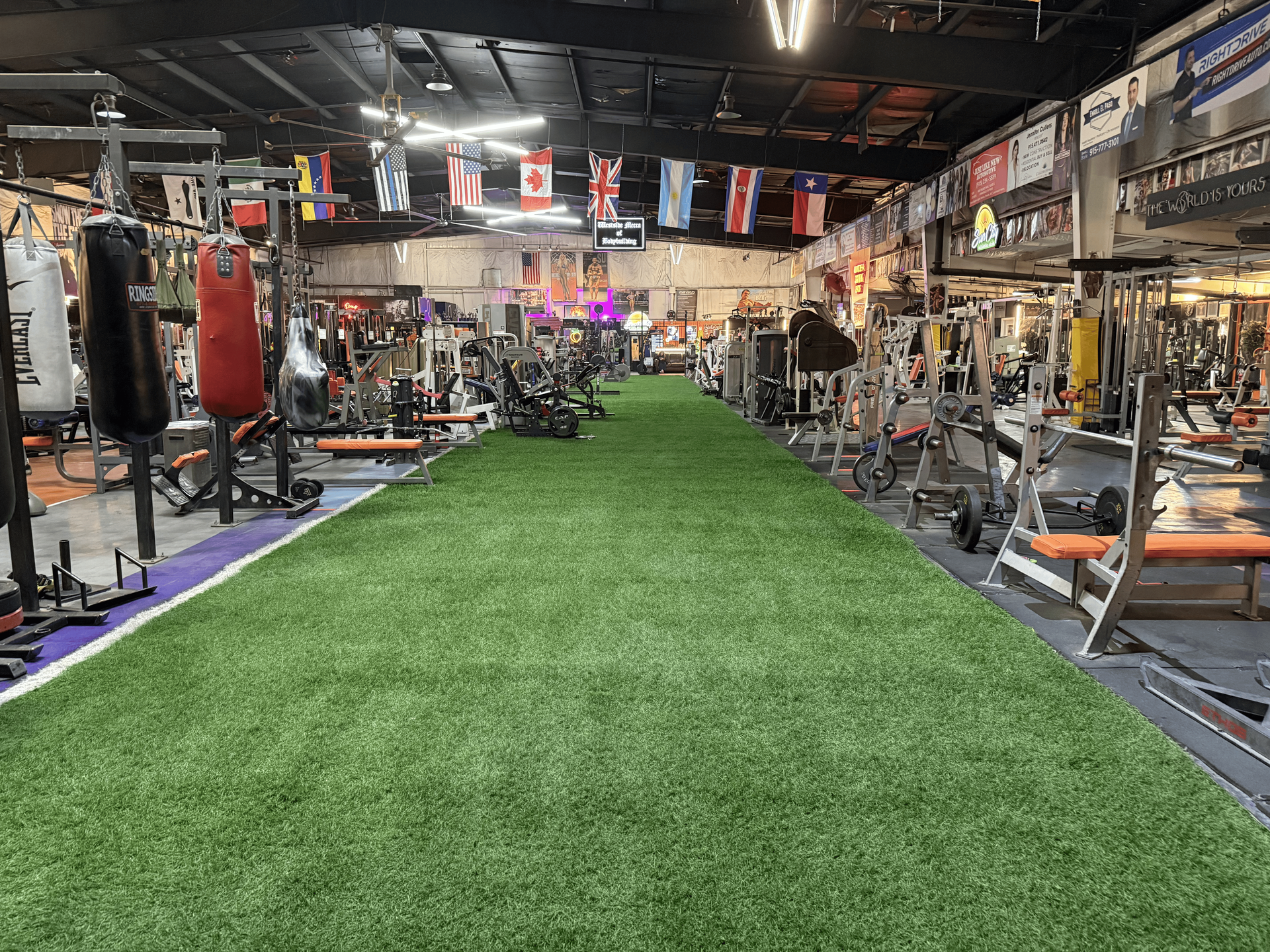 Empty gym with green turf lane, weight machines, punching bag, and hanging flags.