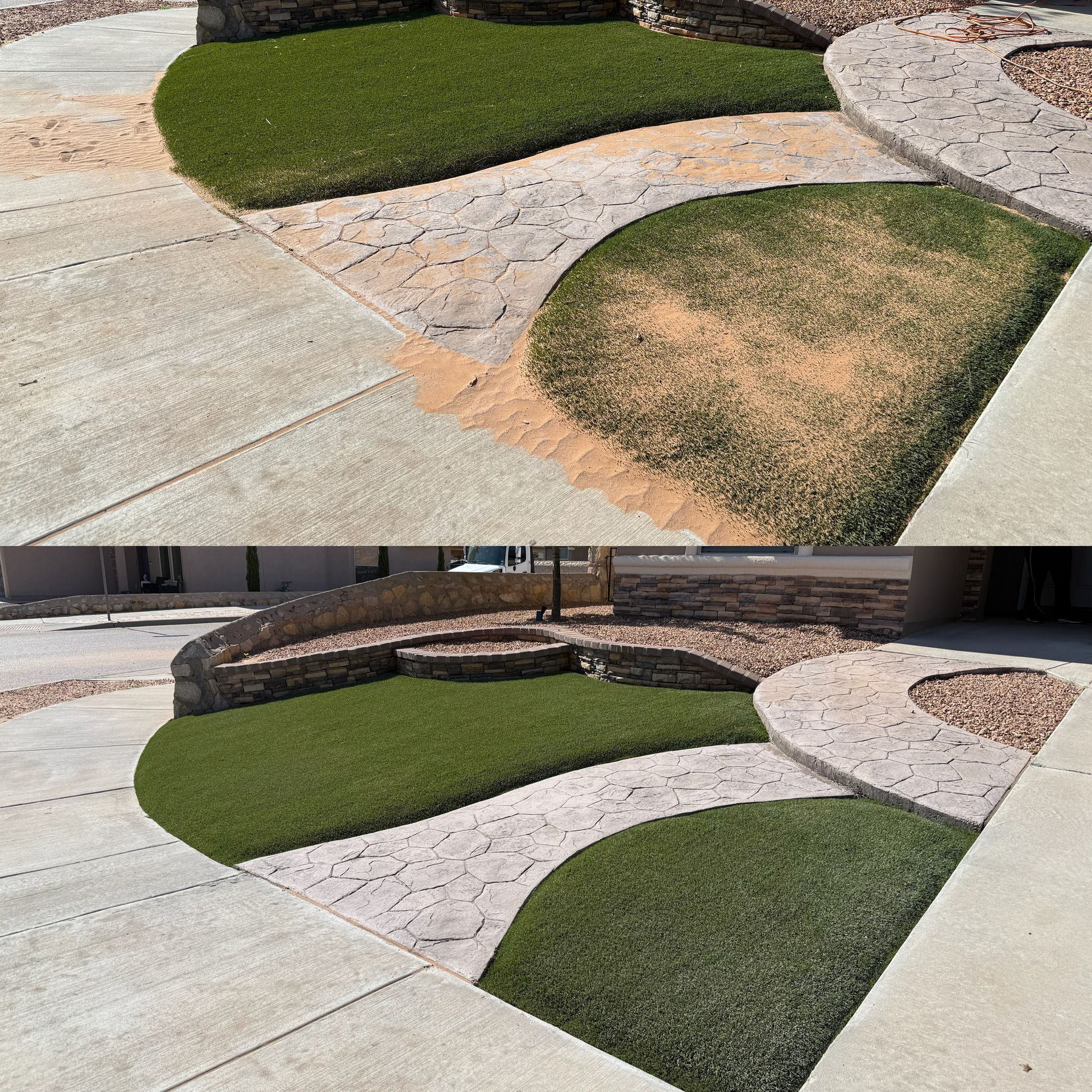 Before-and-after view of a curved concrete walkway with patched turf and rock landscaping