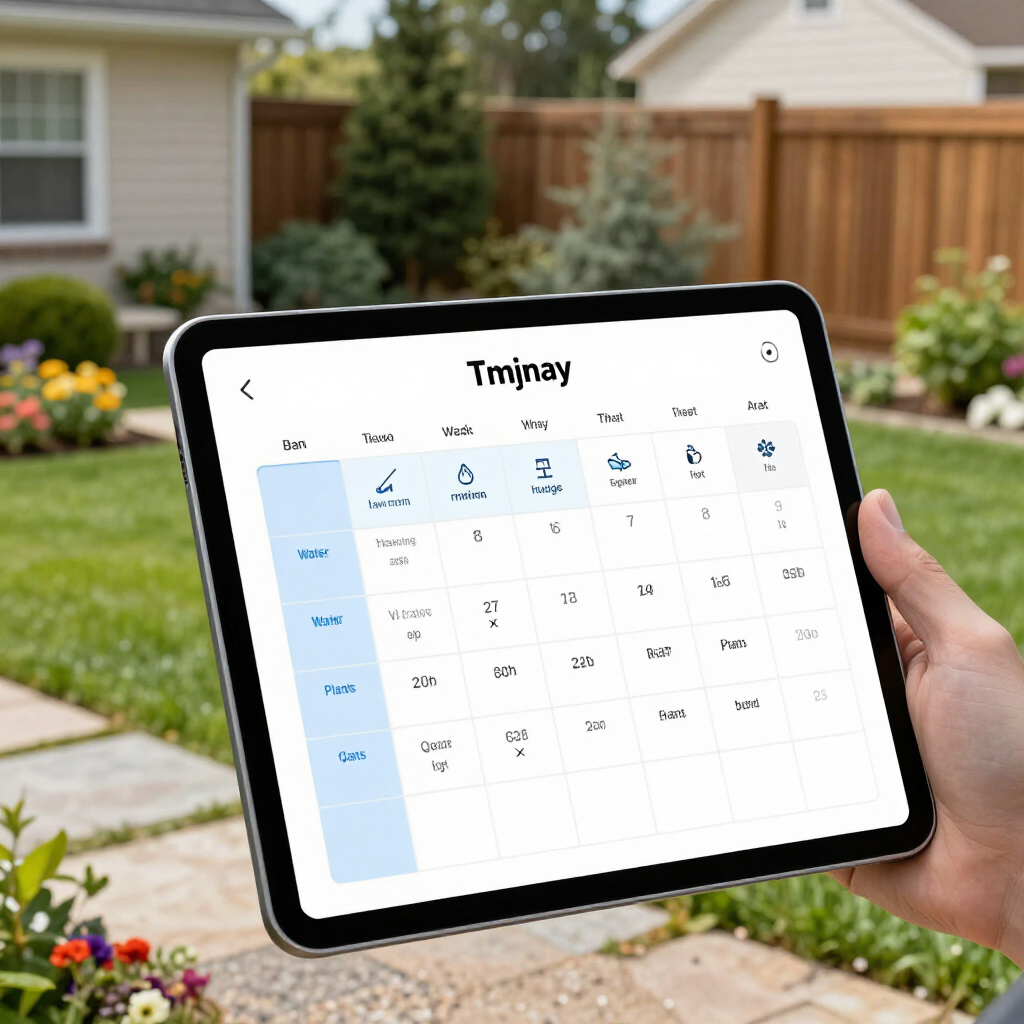 Hand holding a tablet showing a calendar app in a backyard garden with flowers and a wooden fence