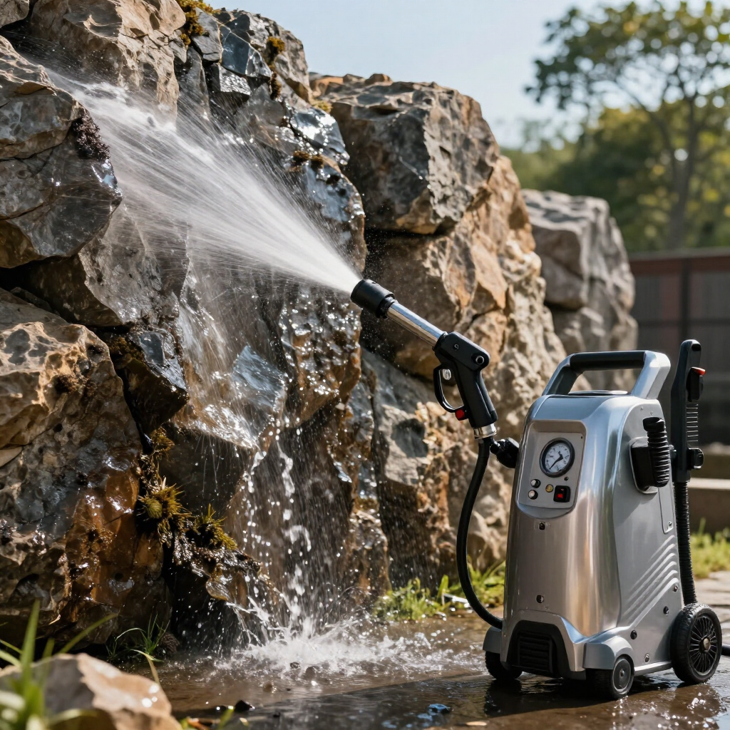Pressure washer spraying water onto a rocky wall outdoors