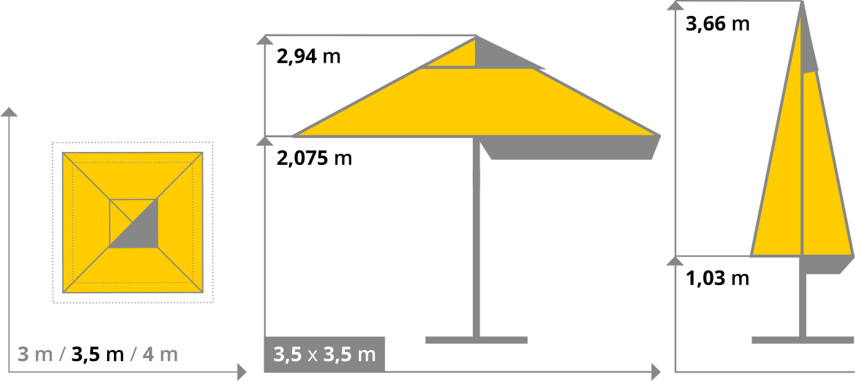 Technische Daten bedruckter Sonnenschirm mit Teleskop-Funktion in Größe 3,5 x 3,5 m quadratisch