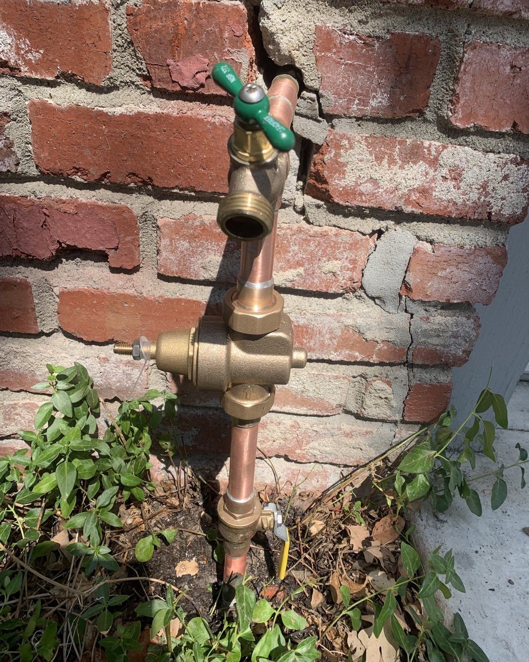 Brass outdoor water spigot with green handle mounted on a brick wall above plants