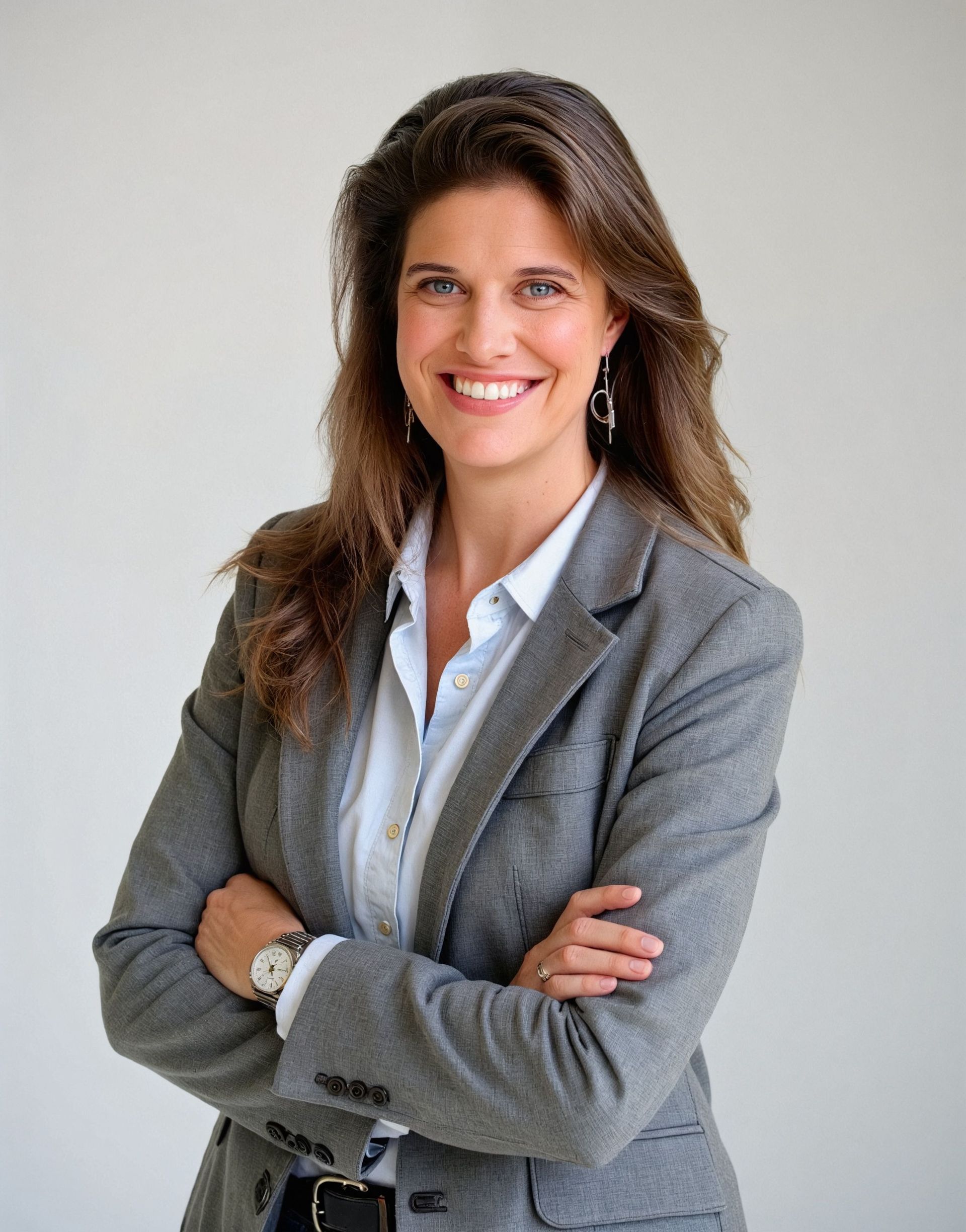 A woman in a suit is smiling with her arms crossed.