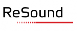 ReSound logo in black with red dotted line and red underline on white background