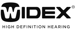 Widex logo with “HIGH DEFINITION HEARING” tagline in black and white