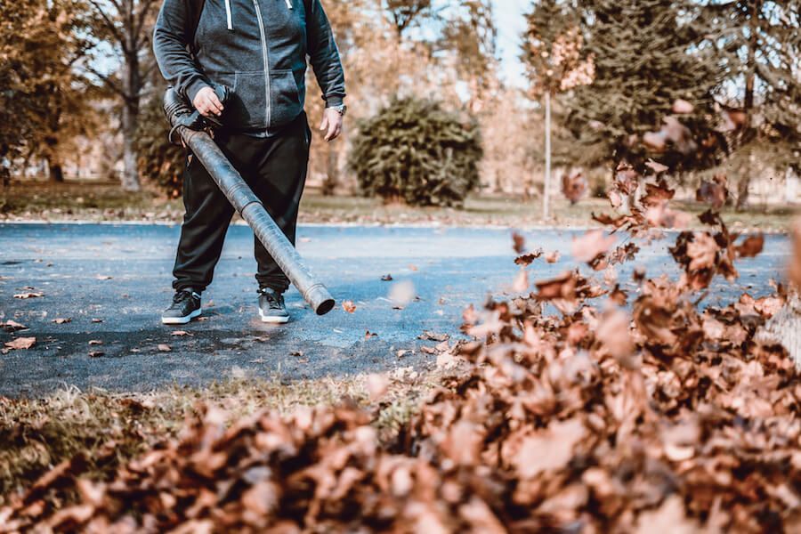 Person using a leaf blower to clear brown leaves on a sidewalk in autumn