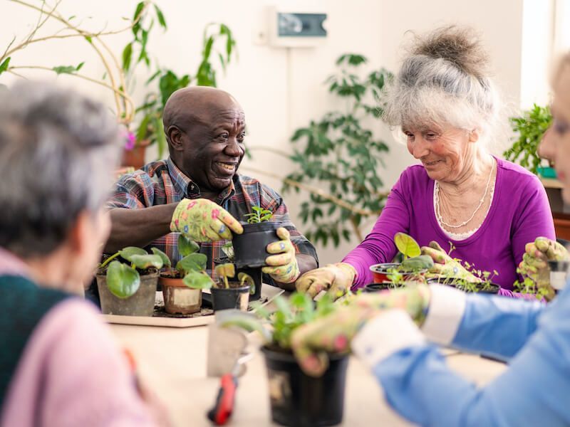People gardening together at a table with potted plants indoors, smiling and chatting