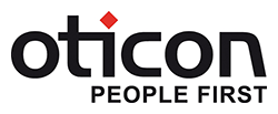 Oticon logo with black text and red diamond above the i, plus “PEOPLE FIRST” tagline