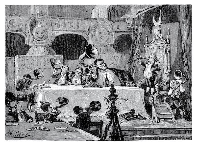 Victorian banquet scene with people seated at a long table, musicians, and an ornate statue in the background