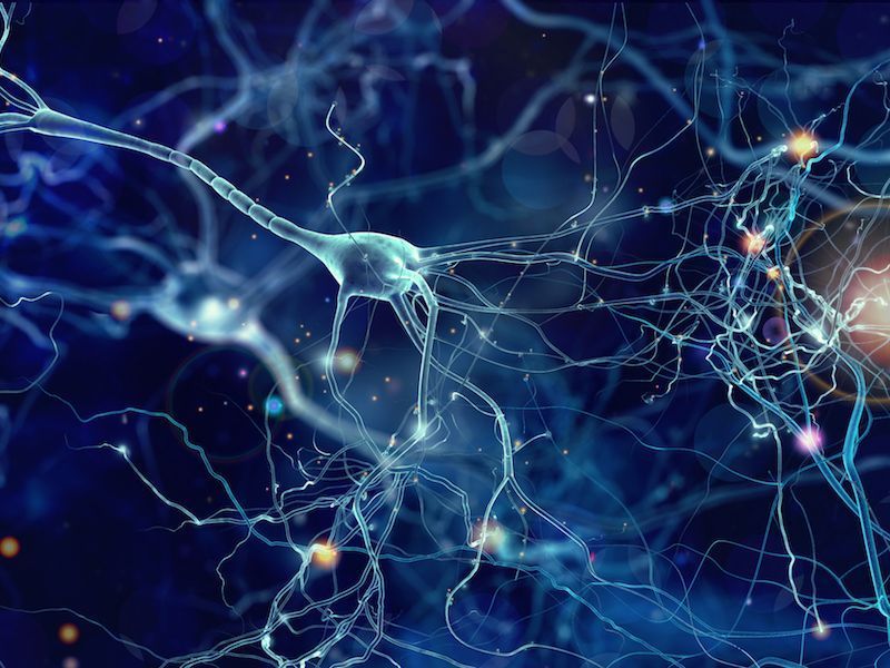 Abstract blue neural network with glowing nodes and branching connections on a dark background