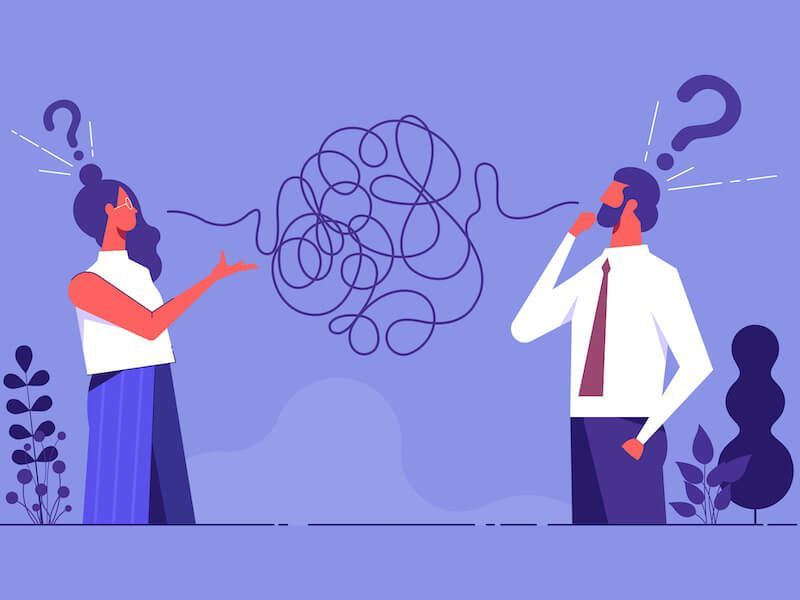 Two people with question marks and tangled scribbles between them, suggesting confusion or disagreement
