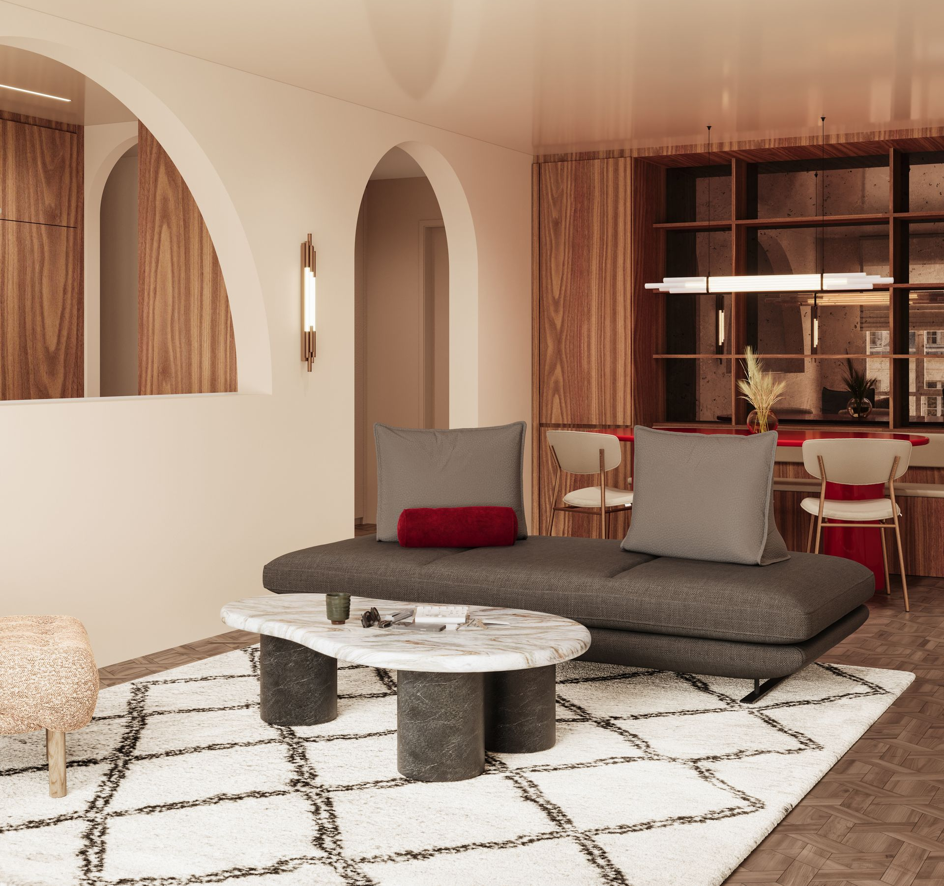 Salon moderne avec canapé gris, table basse en marbre, tapis à motifs et touches de bois chaleureux.