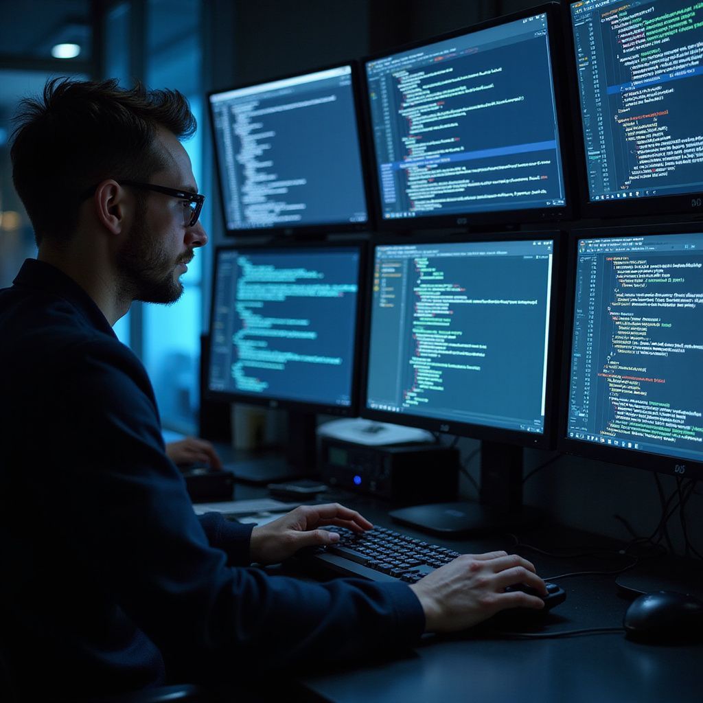 Person with glasses working at a computer with multiple monitors displaying code.