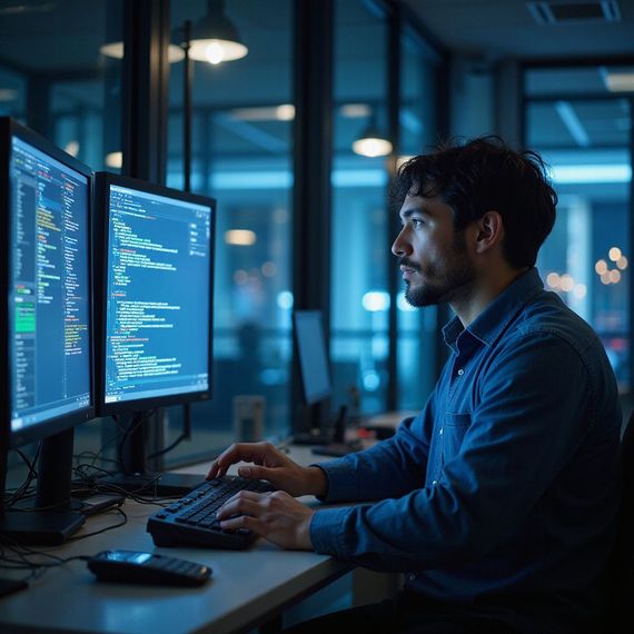 Man coding on two computer monitors in a dimly lit office. Blue screens with code, typing action, focused expression.