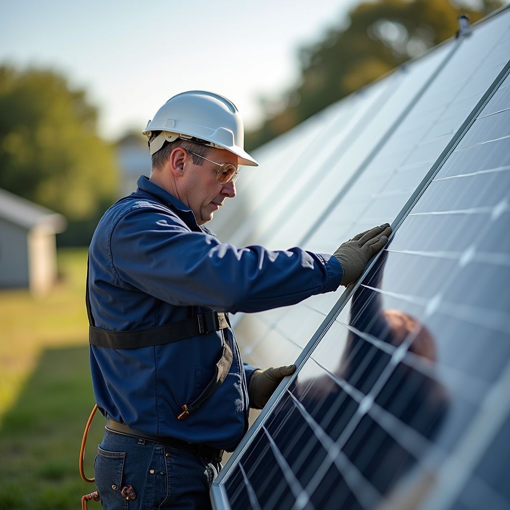 Man in hard hat installing solar panel, outdoors.