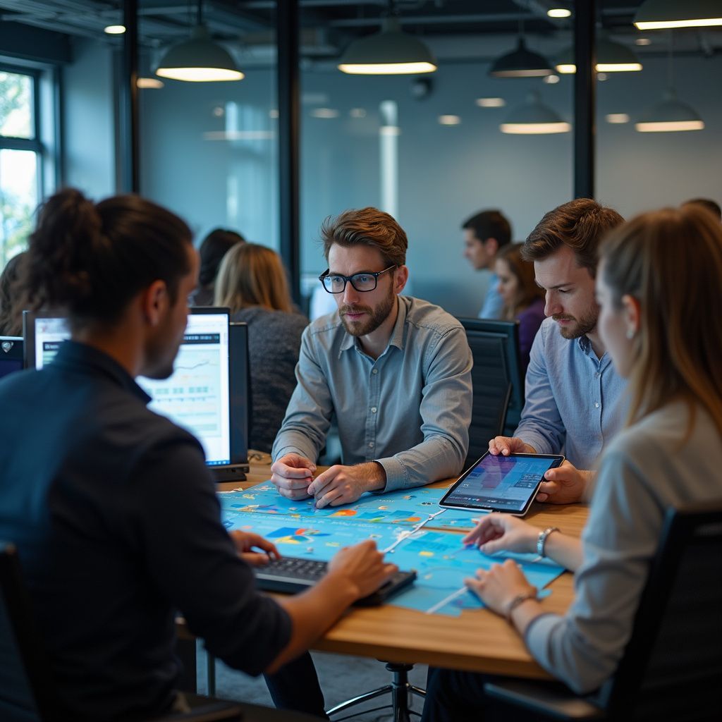People collaborating around a table with a map, looking at a tablet and computer. Office setting.