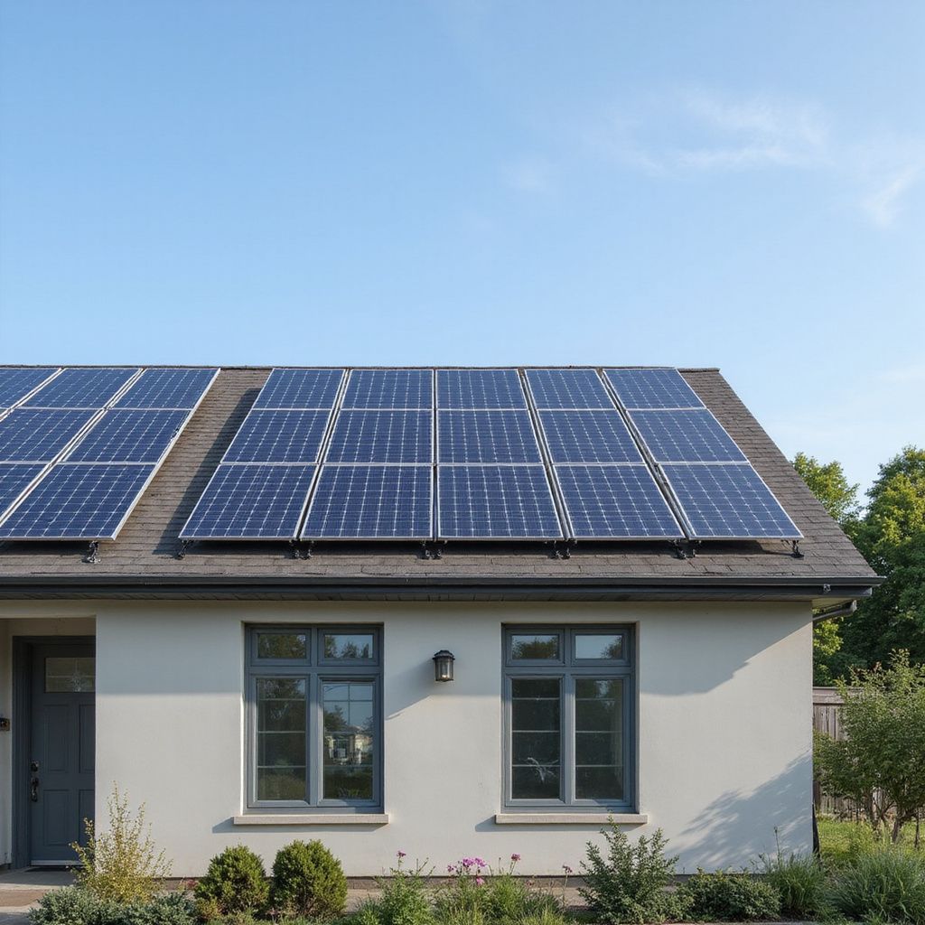 Solar panels on a house roof with blue sky background.