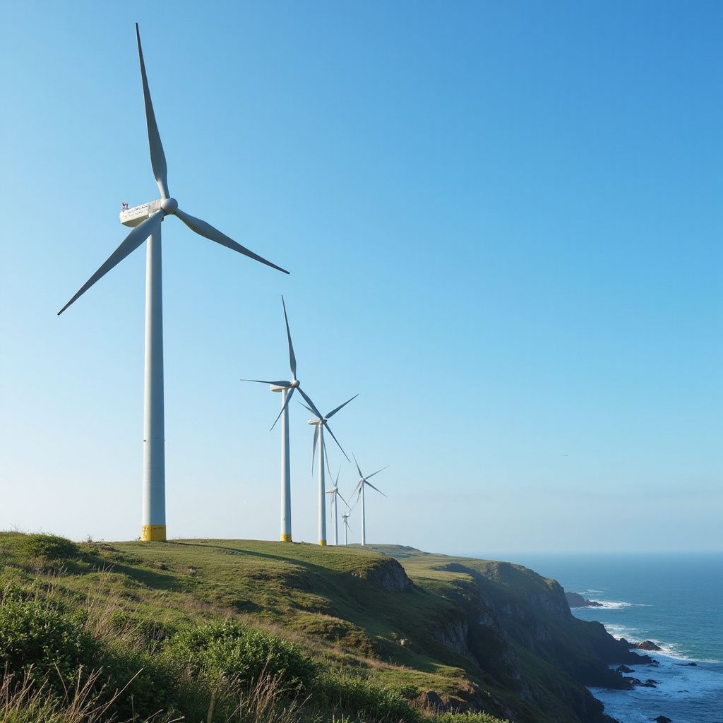 Wind turbines on a cliffside overlooking the ocean against a blue sky.