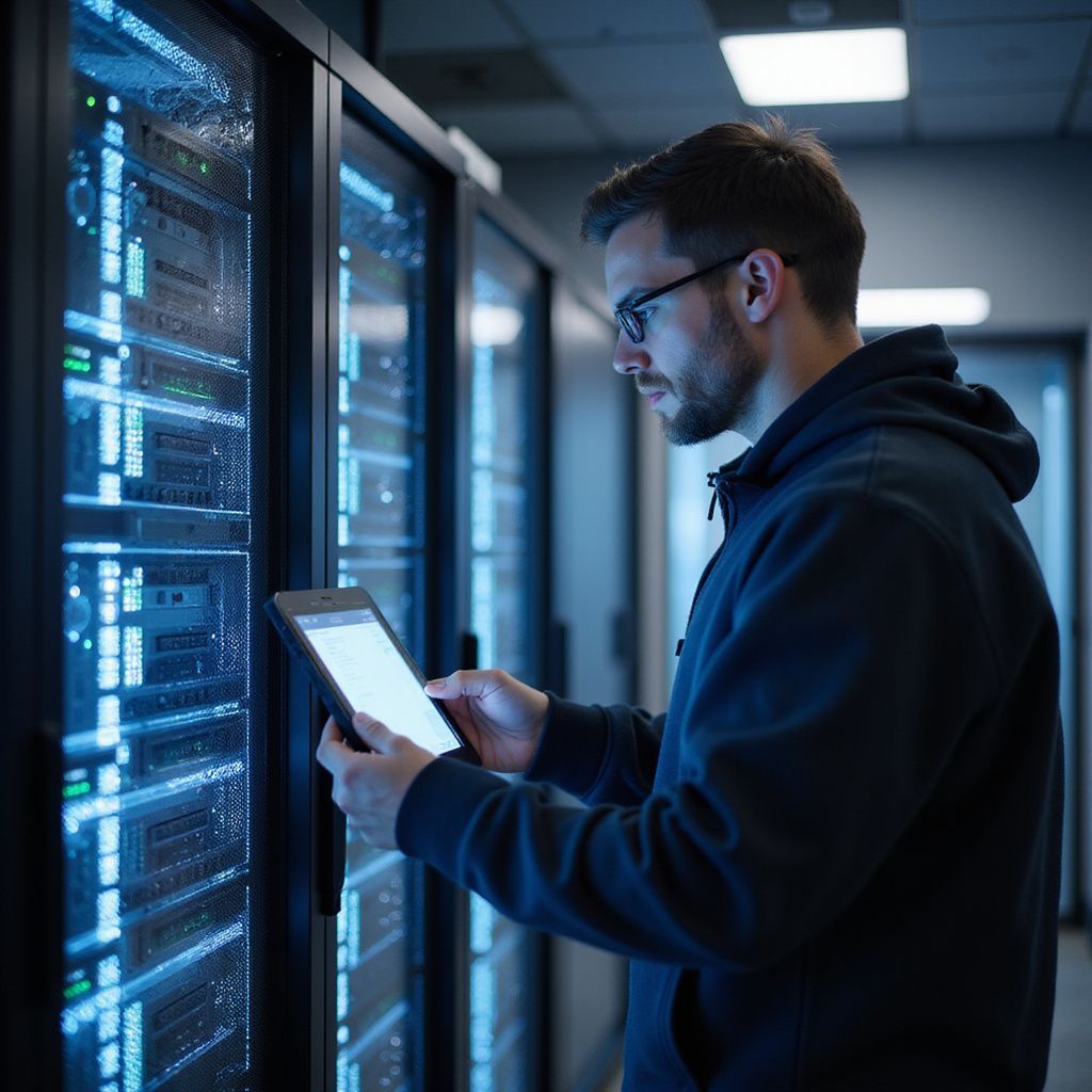 Man in glasses uses a tablet in a server room, inspecting server racks with blue lights.