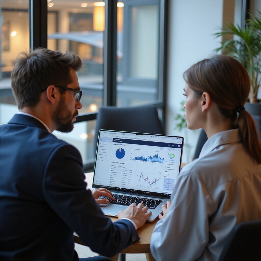 Two people looking at laptop with financial data.