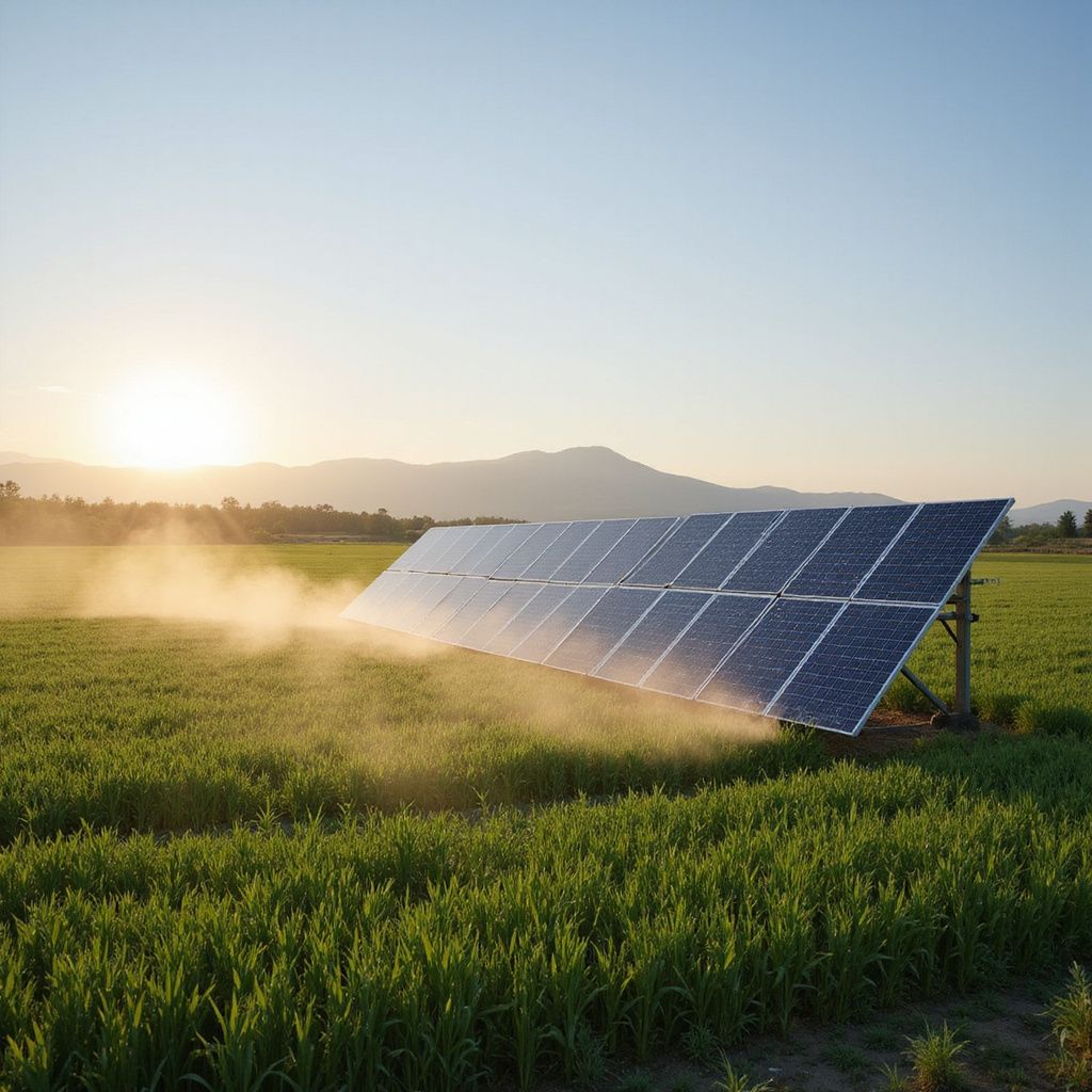 Solar panels in a field, with a sunrise in the background.