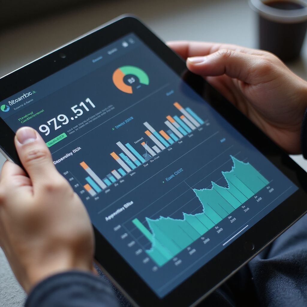 Person holding a tablet displaying data analytics with charts and graphs.