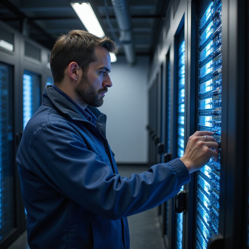 Man in blue jacket checking a server cabinet in a data center, lit with blue lights.