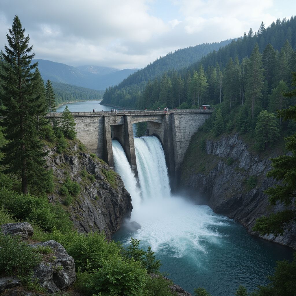 Waterfall gushing from a dam into a river, surrounded by a forest and mountains under a cloudy sky.
