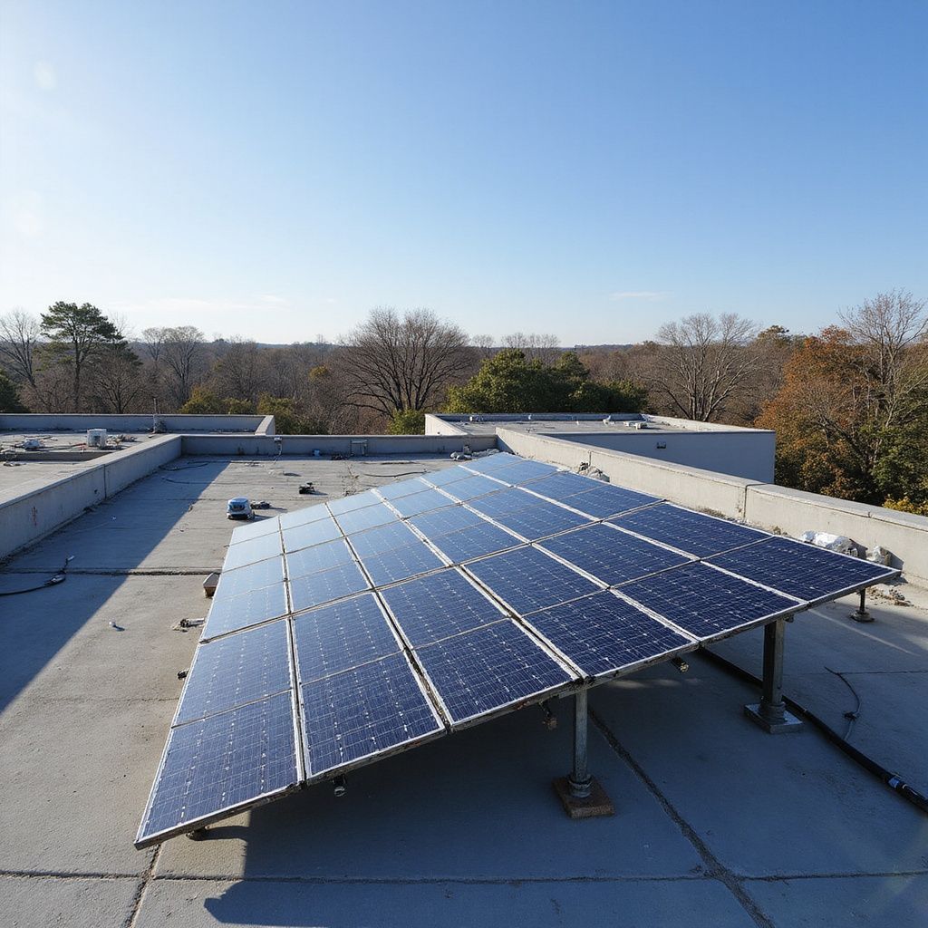 Solar panels installed on a flat roof, trees in the background, blue sky.