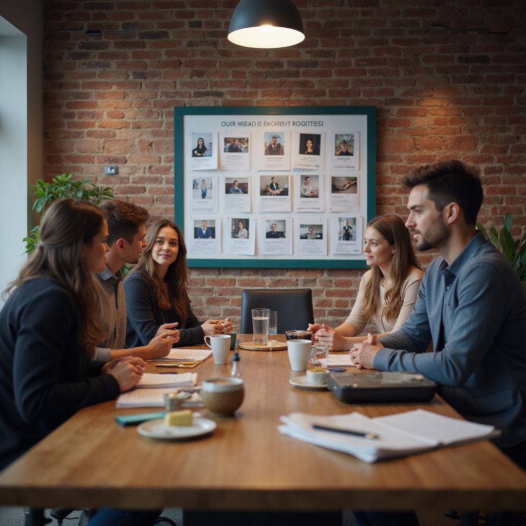 Group of people in a meeting at a wooden table, in an office with brick walls.