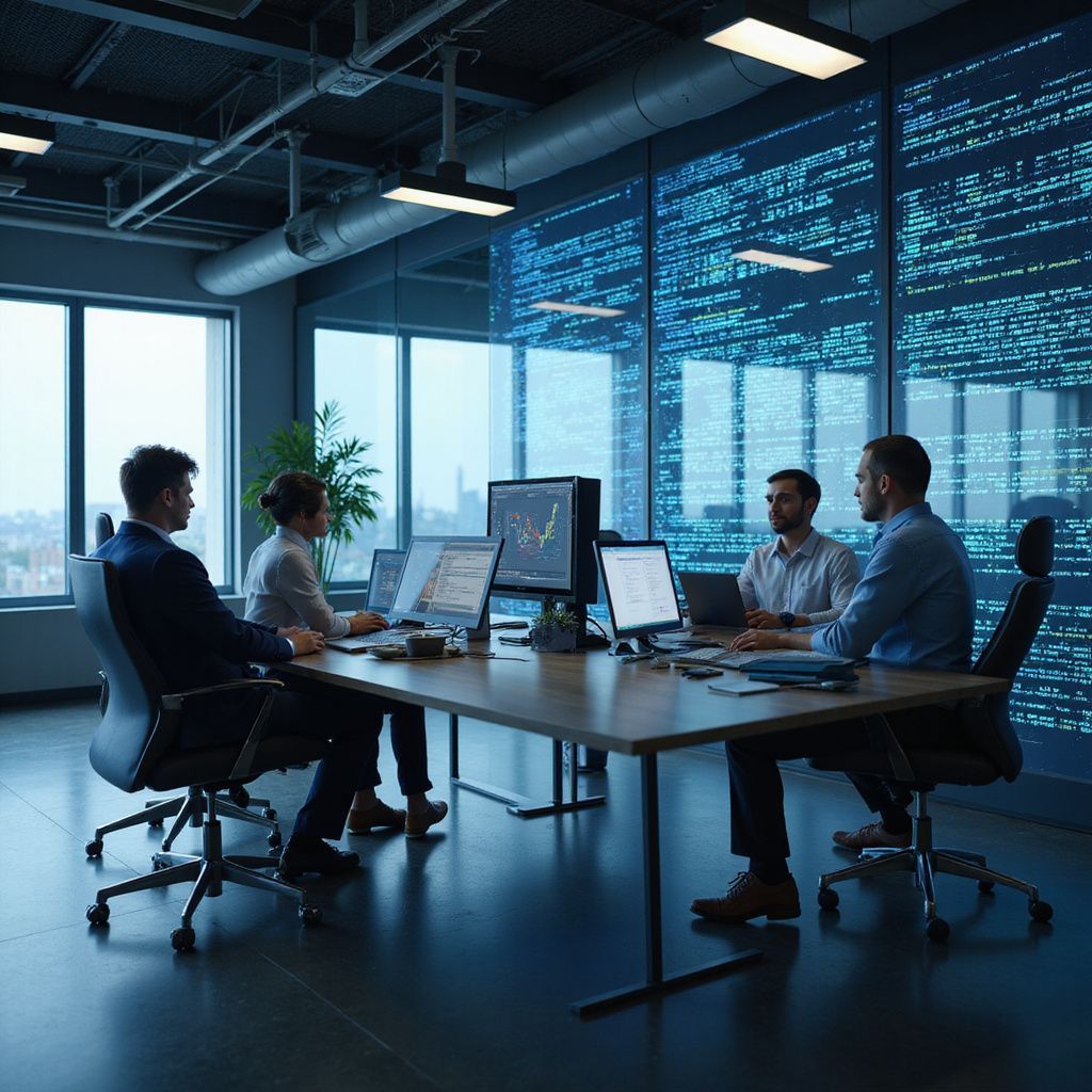 Four people in a modern office meeting at a table, looking at computer screens. Blue-lit wall of code behind them.