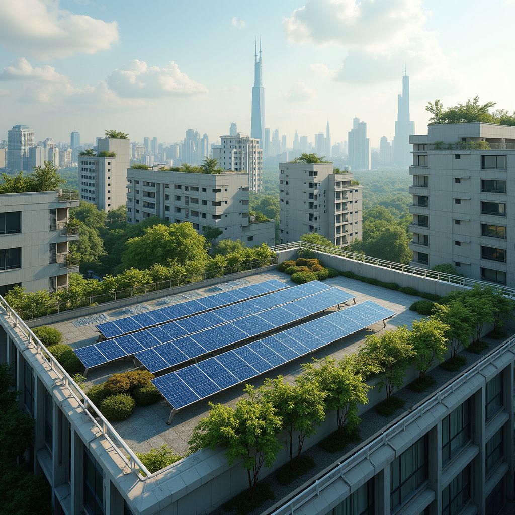 Rooftop solar panels on an apartment building with a city skyline in the background, trees, and blue sky.