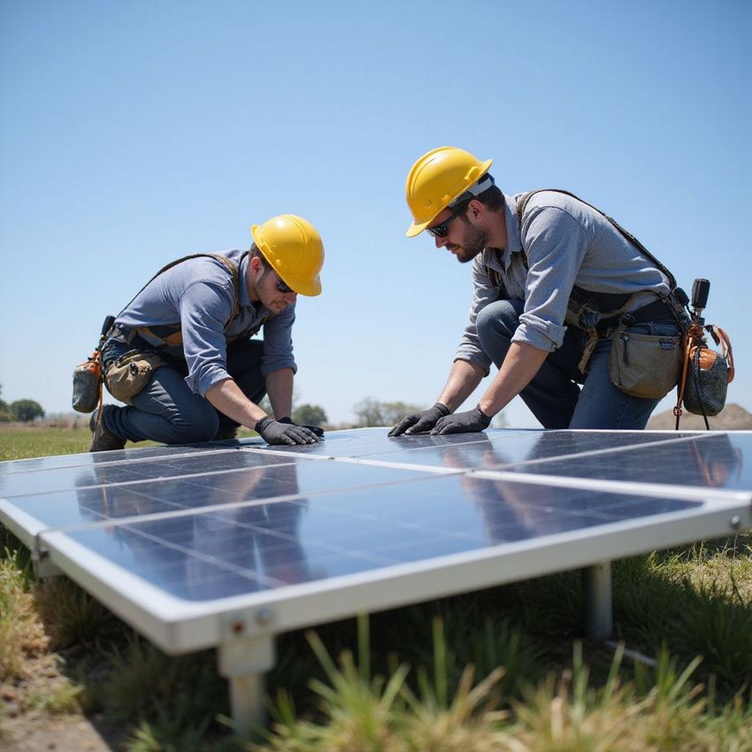Two workers install solar panels outdoors under a blue sky, wearing yellow helmets and protective gear.