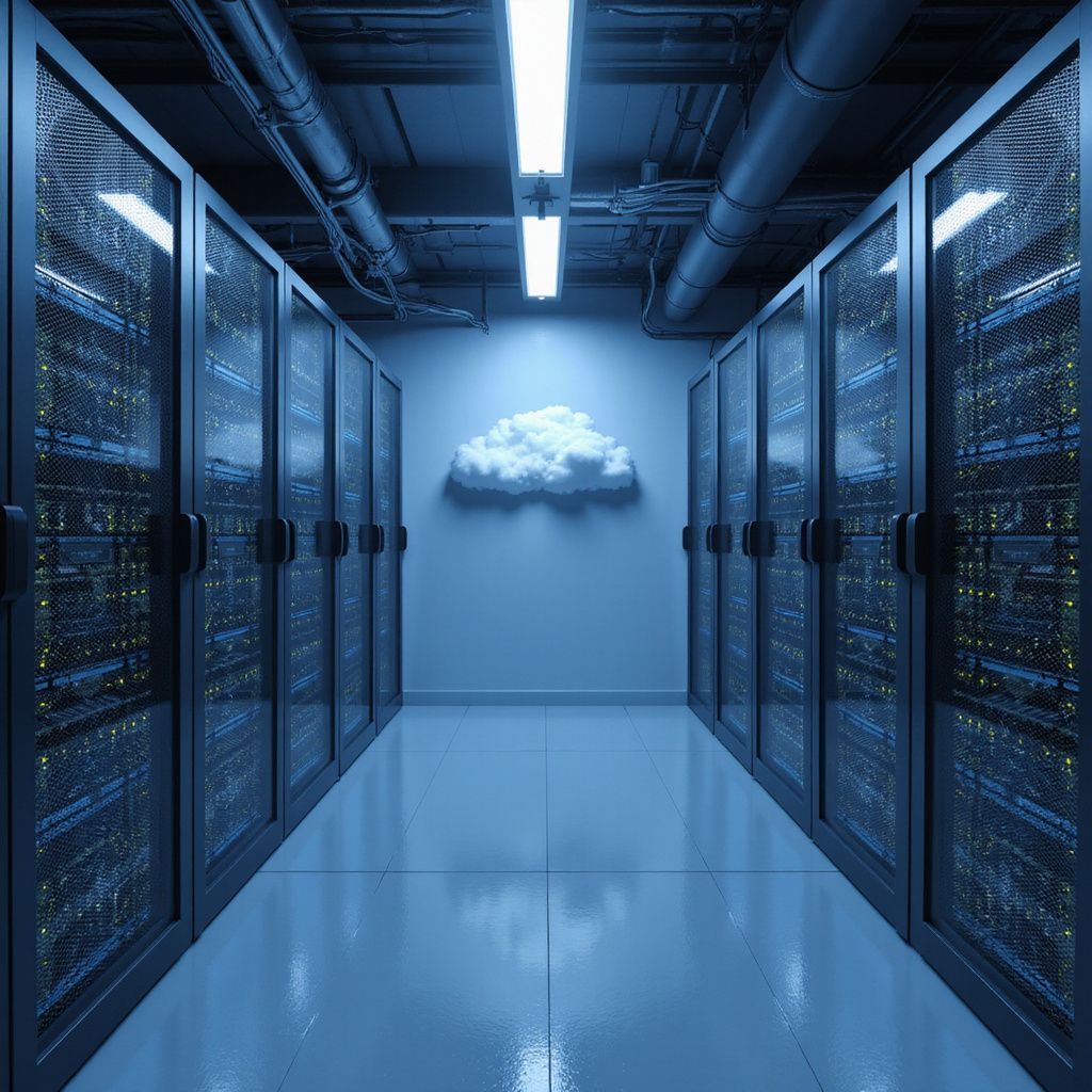 Server room with rows of dark cabinets, blue lighting, and a cloud sculpture on the wall.
