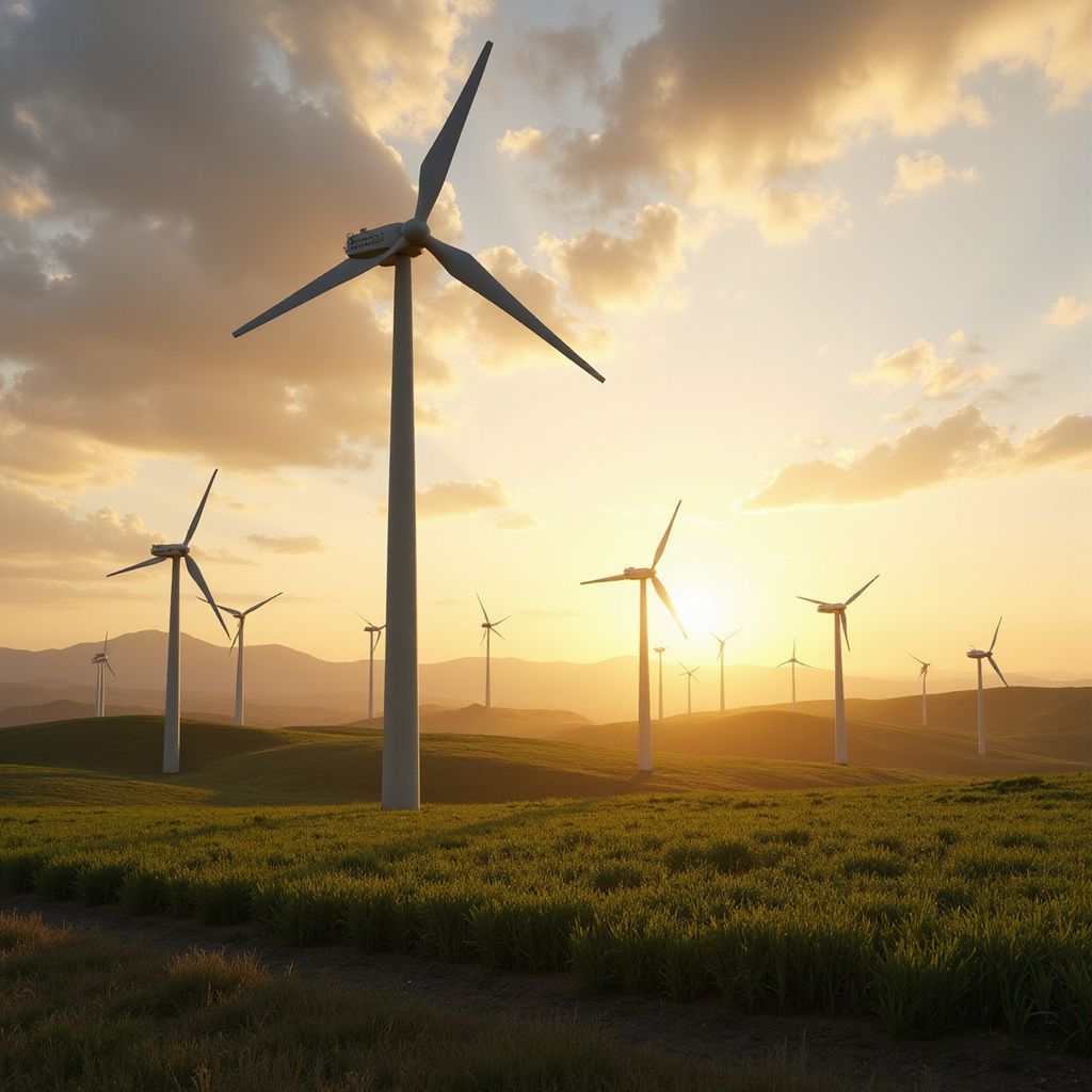 Wind turbines in a grassy field at sunset. Golden light.