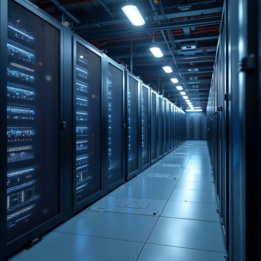 Rows of server racks in a data center with blue lights.