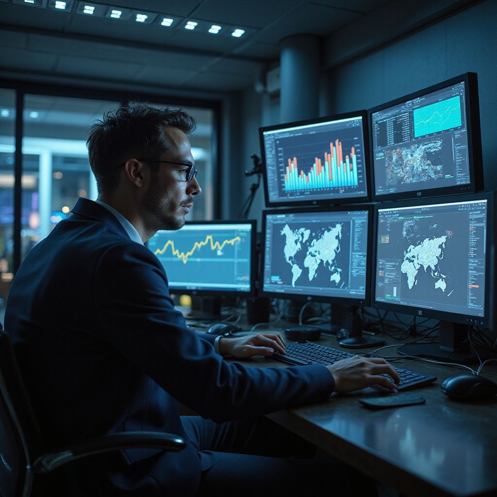 Man in suit at desk, monitors display graphs and maps. Dimly lit room, using keyboard and mouse.