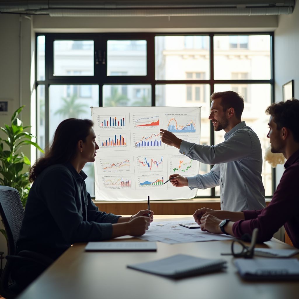 Business team in a meeting, reviewing charts displayed on a whiteboard; man pointing to data, two others looking on.