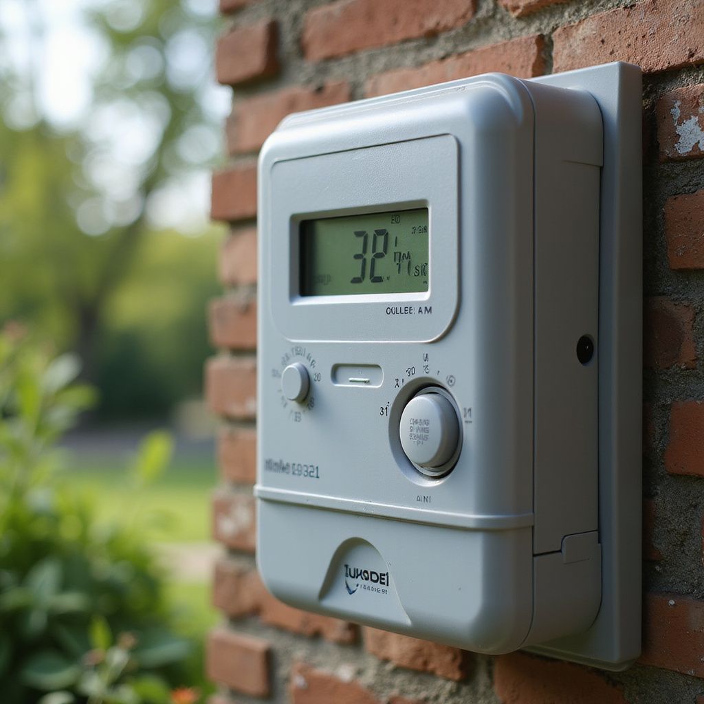 Gray sprinkler system controller mounted on a brick wall, displaying 32 degrees.