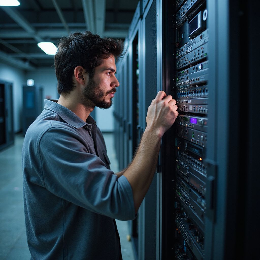 Man in gray shirt working on server rack in a data center.