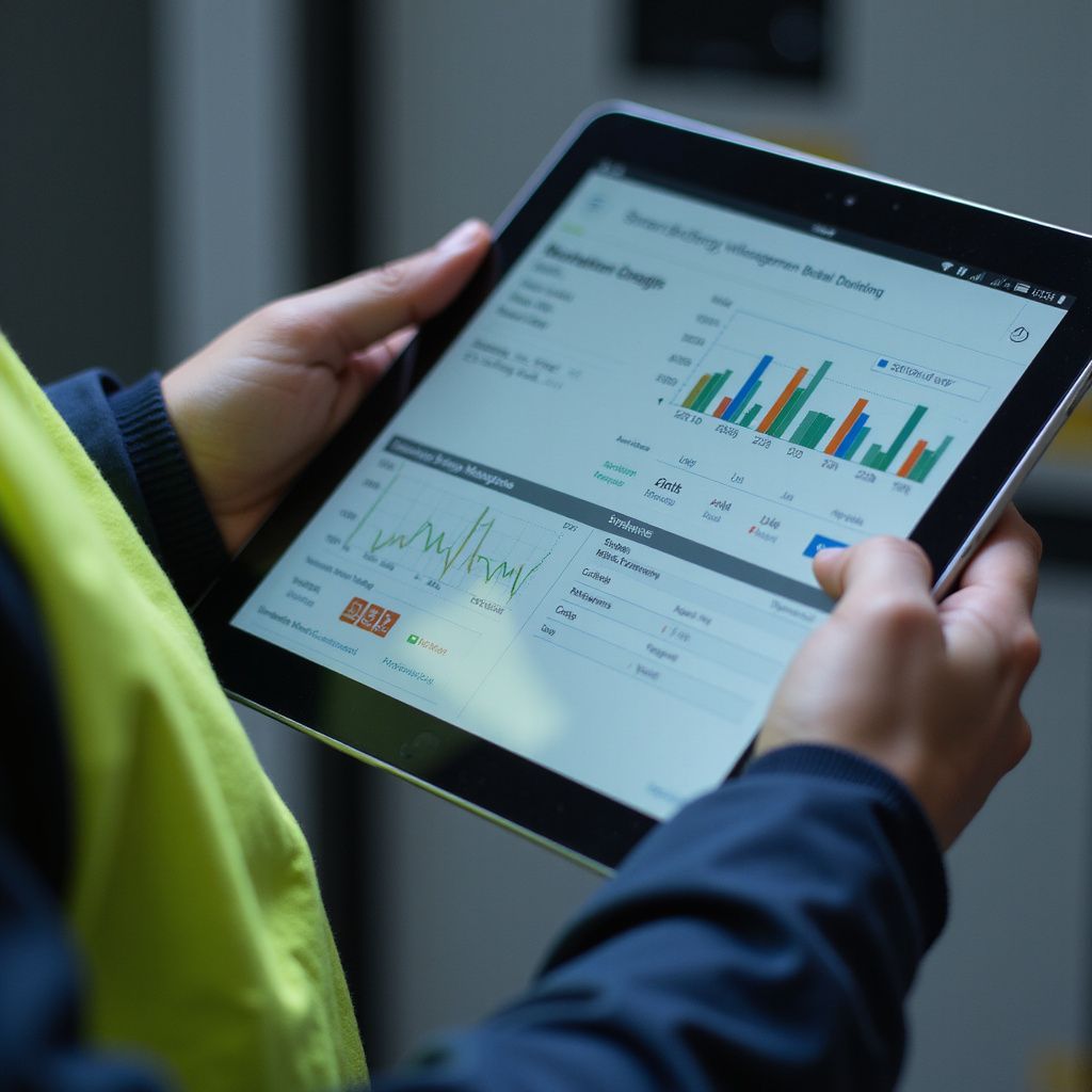 Person holding a tablet displaying charts and graphs, likely analyzing data.