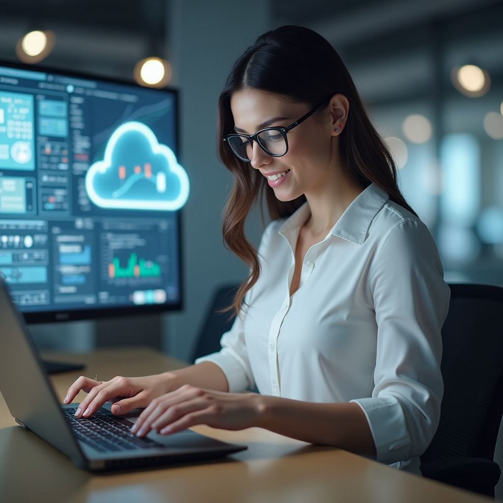 Woman with glasses, smiles while typing on a laptop. Cloud graphic displayed on a monitor. Office setting.