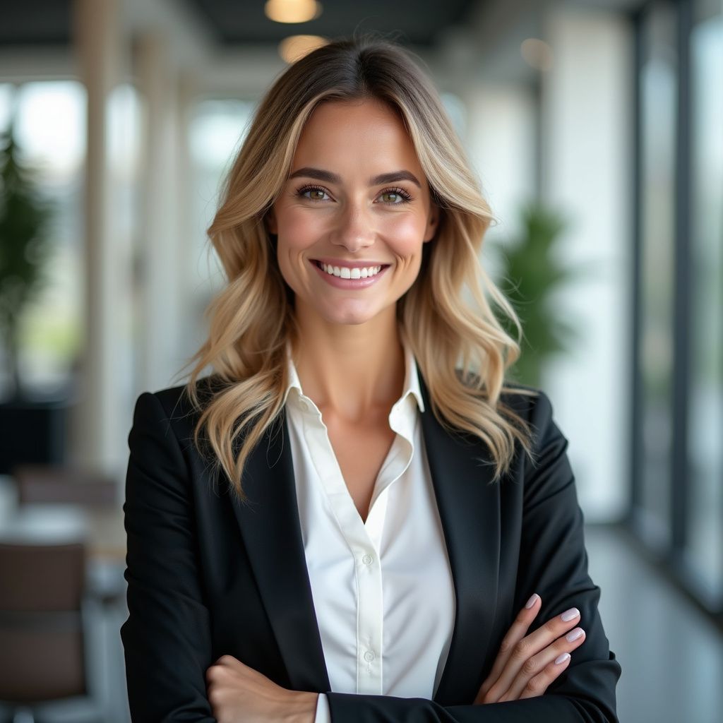 Woman in black blazer smiles with arms crossed in an office setting.