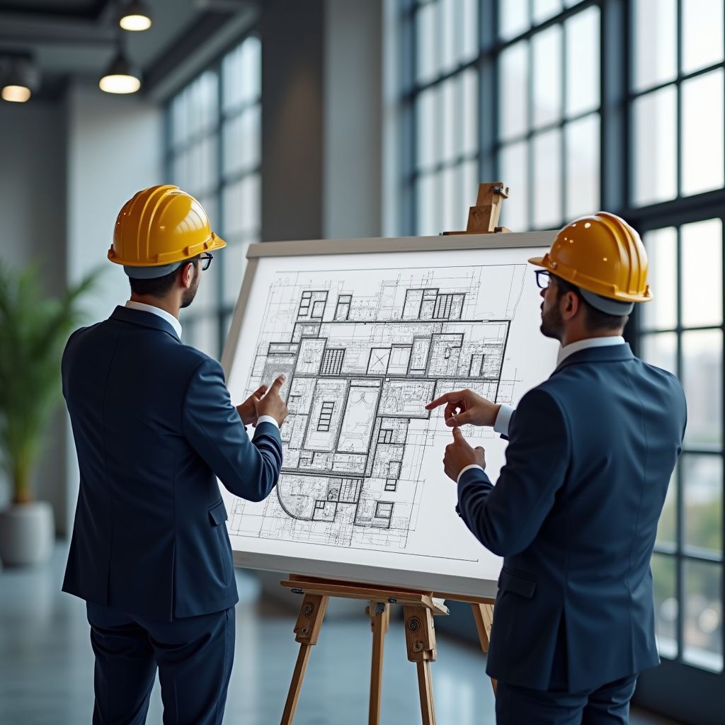 Two men in suits and hard hats review architectural plans on an easel, indoors with large windows.