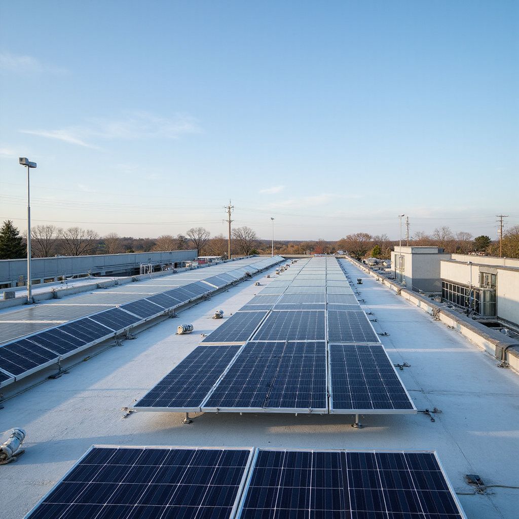 Solar panels on a flat rooftop against a clear blue sky.