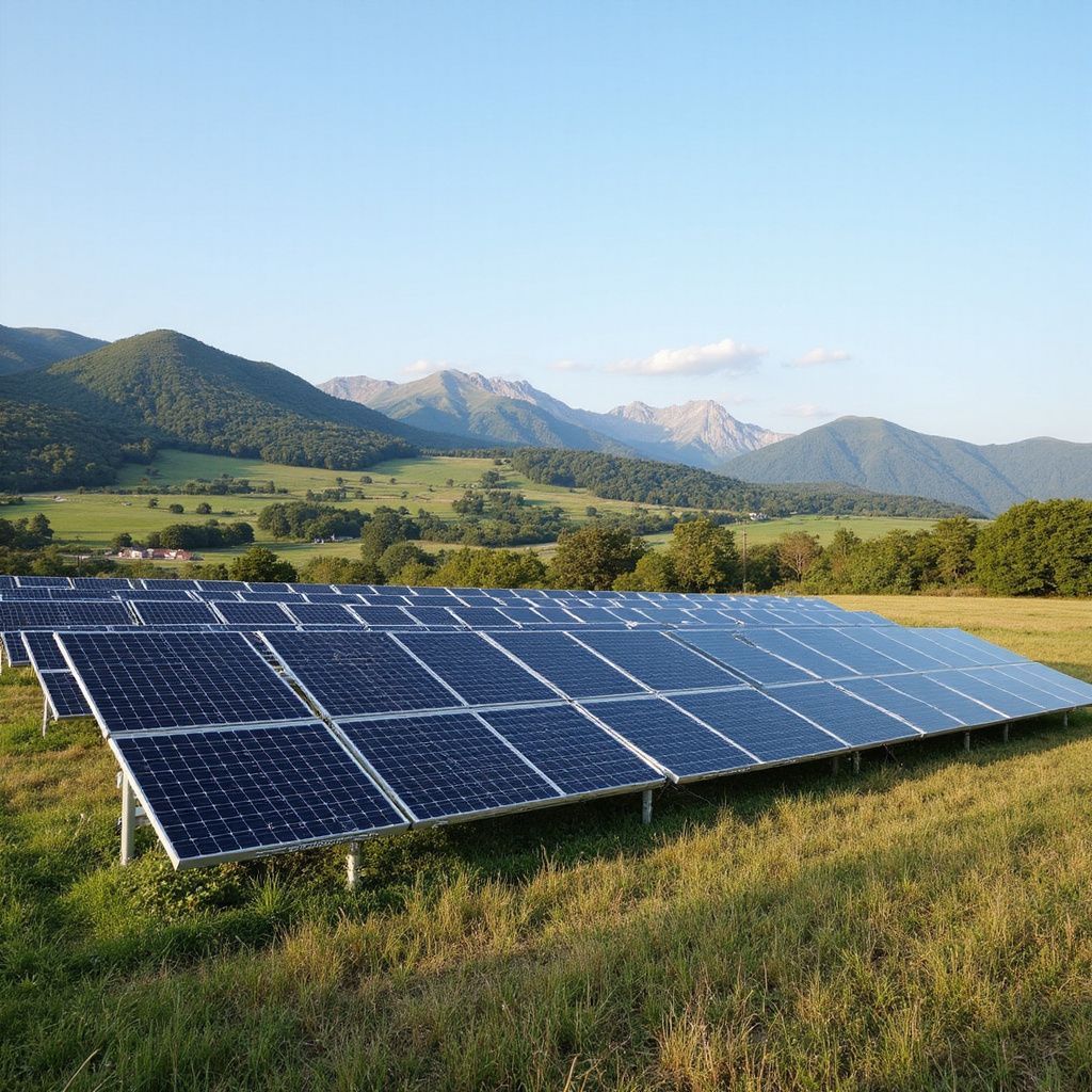 Solar panels in a field with mountains in the background under a blue sky.