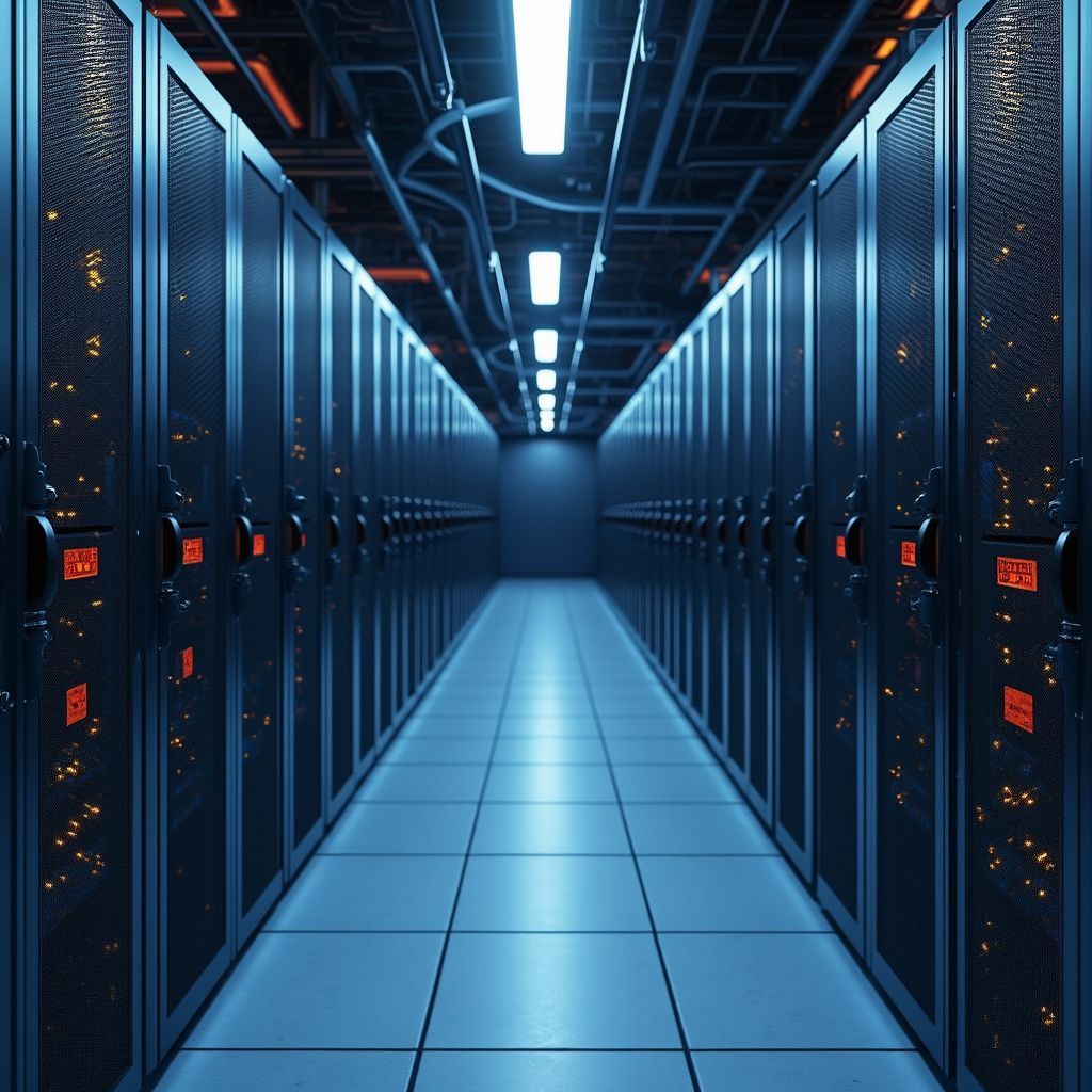Server room hallway with rows of dark server racks, lit by blue and orange lights.